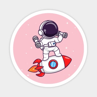 Cute Astronaut Lifting Dumbbell On Rocket Cartoon Magnet